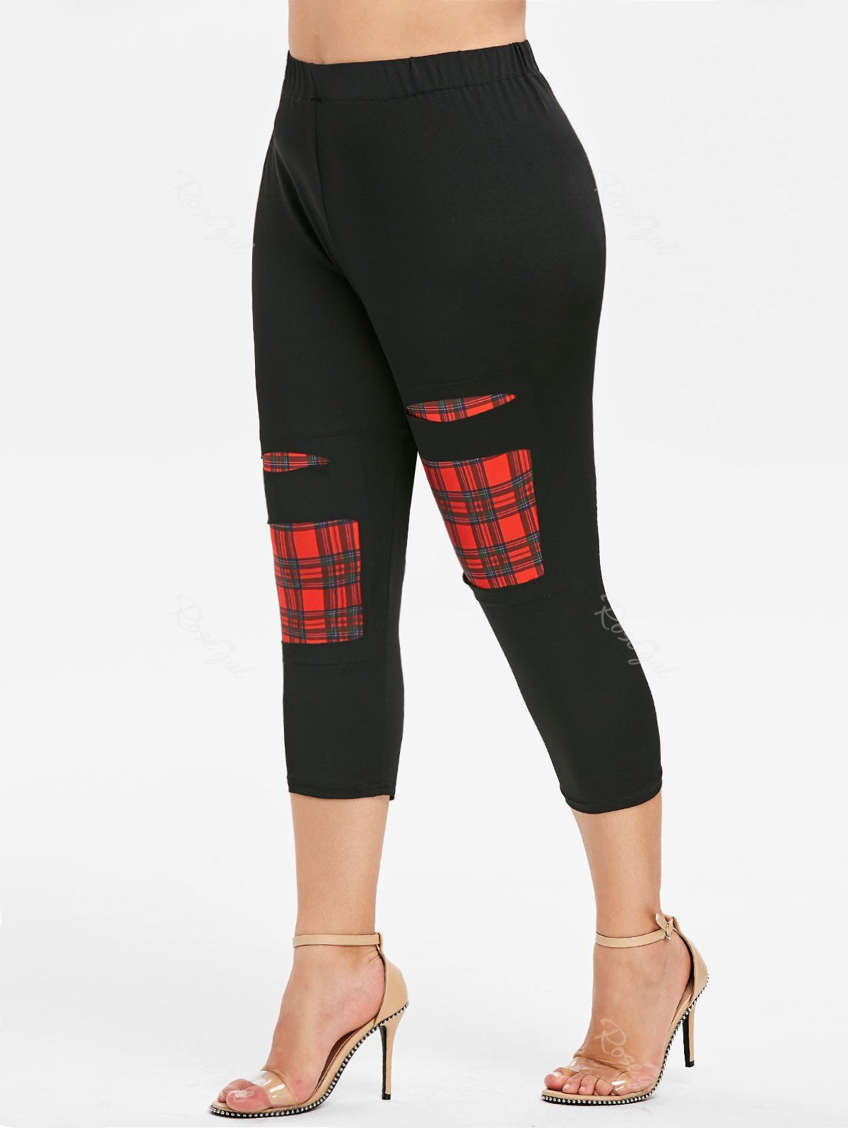 

Cutout Plaid Panel Capri Plus Size Pants, Black