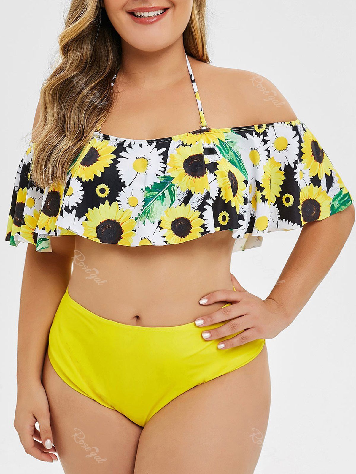 

Sunflower Contrast Overlay Flounces Plus Size Bikini Set, Yellow