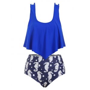 

Plus Size Seahorse Print Flounce Tankini Set, Cobalt blue