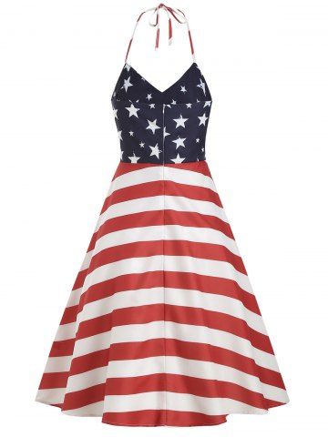 

High Waist American Flag Print Halter Dress, Multi