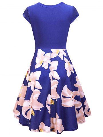 

Plus Size Half Zipper Floral Flare Dress, Blueberry blue