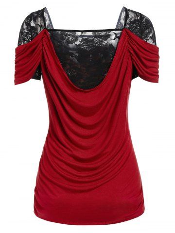 

Lace Panel Ruched Square Neck Tee, Red wine