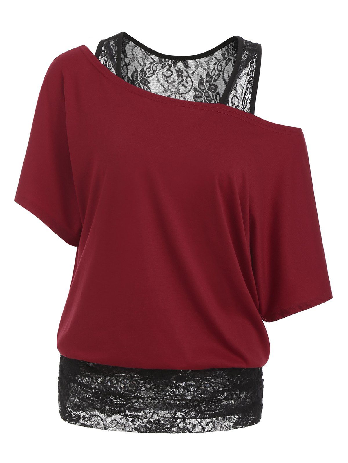 

Scoop Neck Lace Panel Casual Tee, Lava red