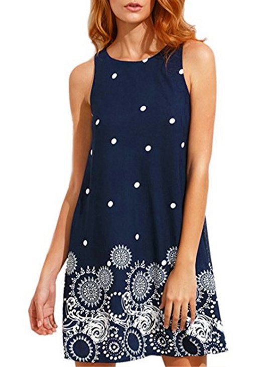 

Polka Dot Printed Sleeveless Mini Dress, Lapis blue