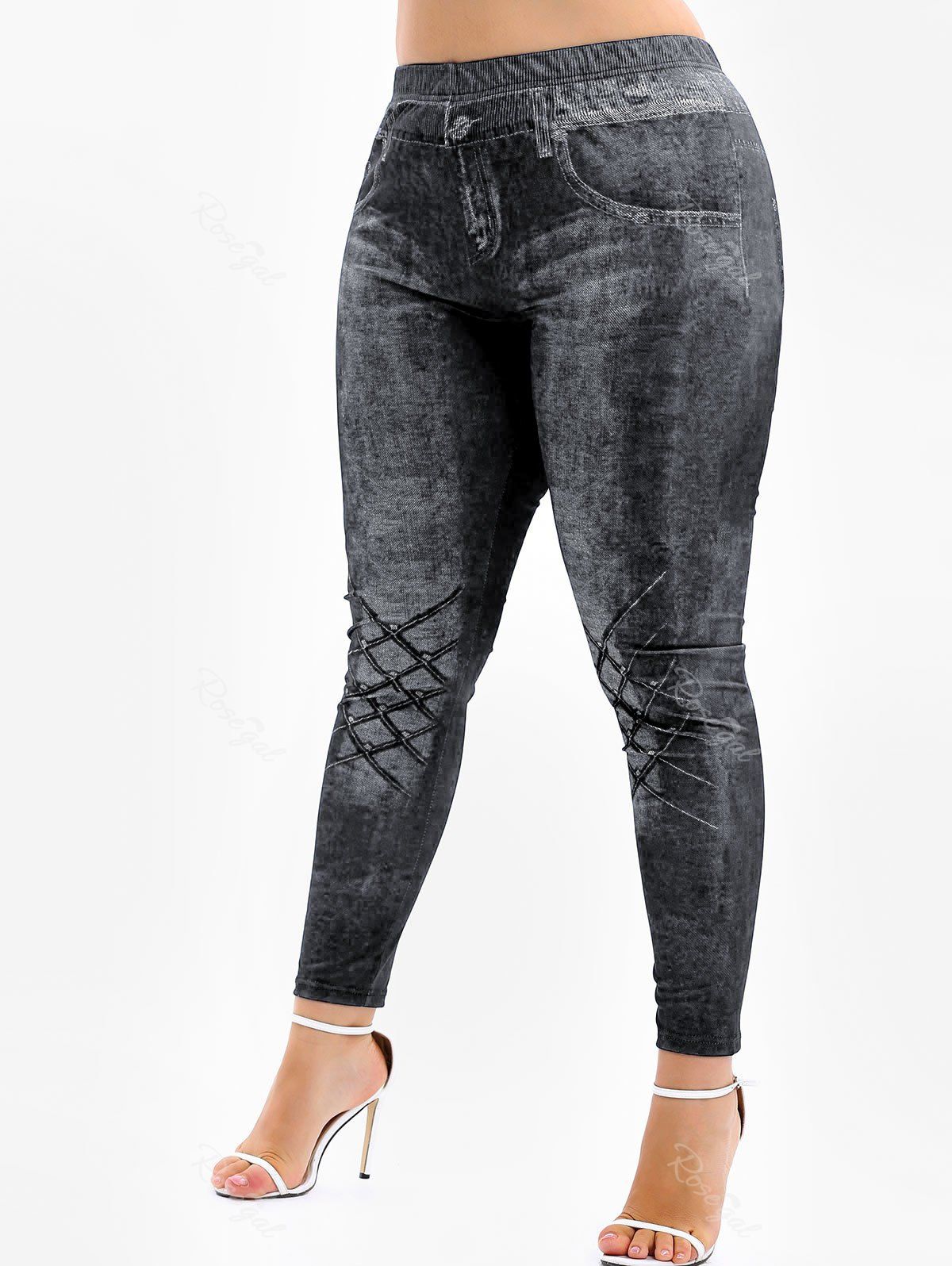 

High Rise 3D Jean Print Plus Size Skinny Leggings, Carbon fiber black