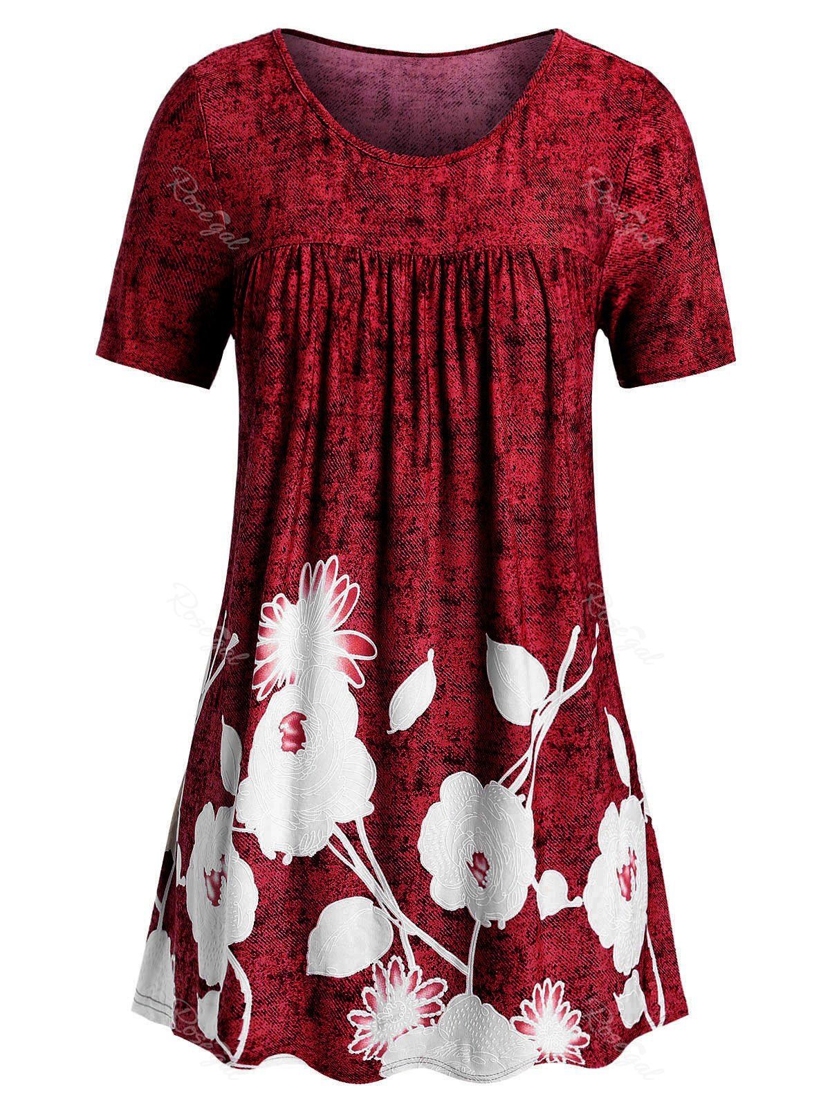 

Plus Size Floral Print Flare T Shirt, Red wine