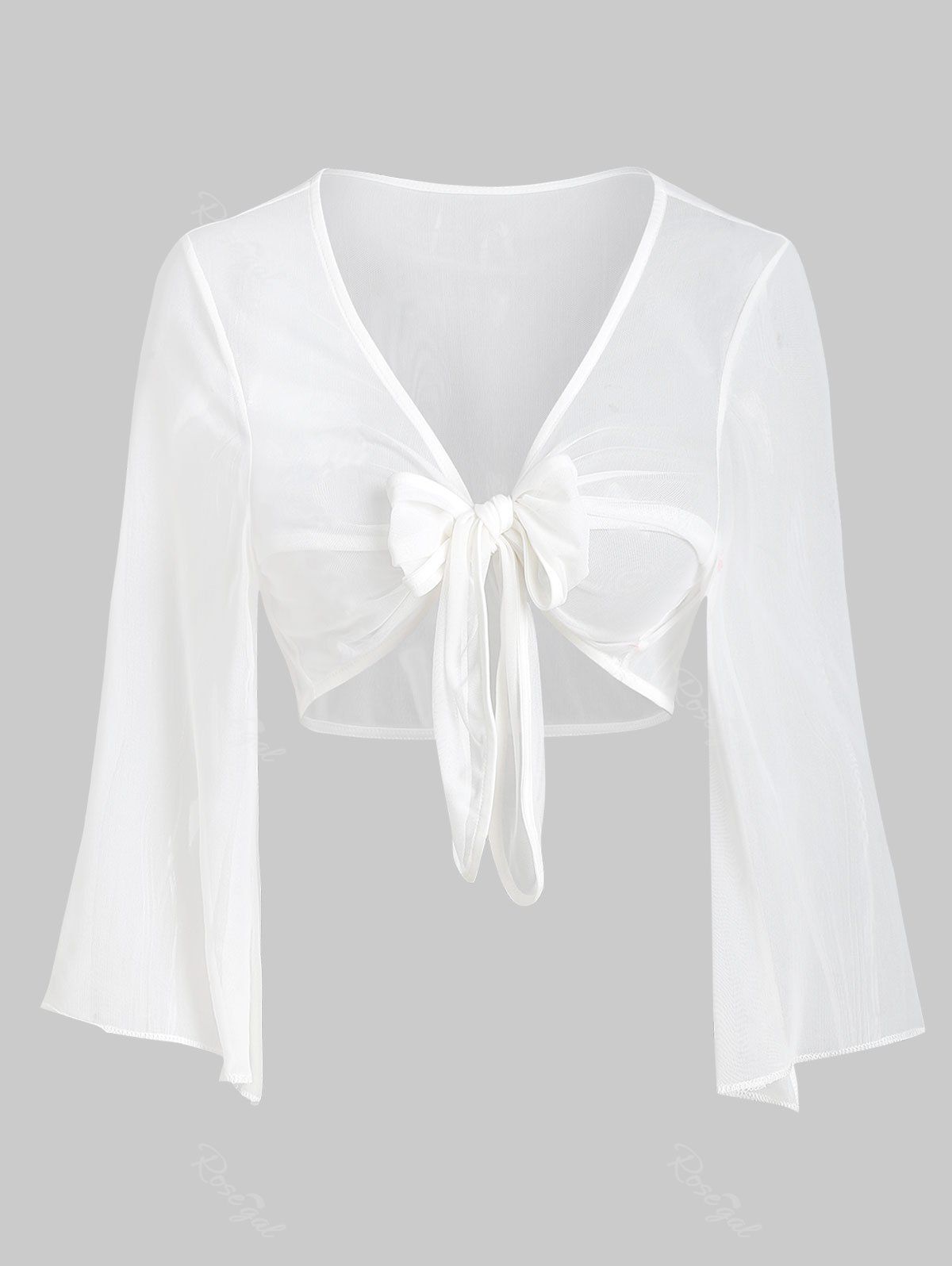 

See Thru Cropped Tie Front Plus Size Blouse, White