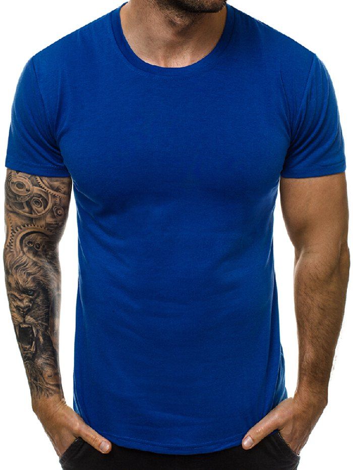 

Solid Color Round Neck Leisure T-shirt, Blue