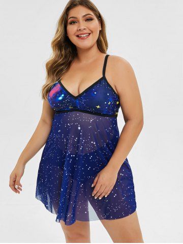 

Voile Panel Starry Sky Print Plus Size Tankini Set, Blue