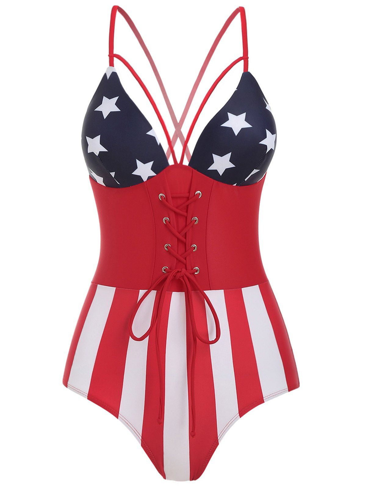 

Criss Cross American Flag Print Swimsuit, Red