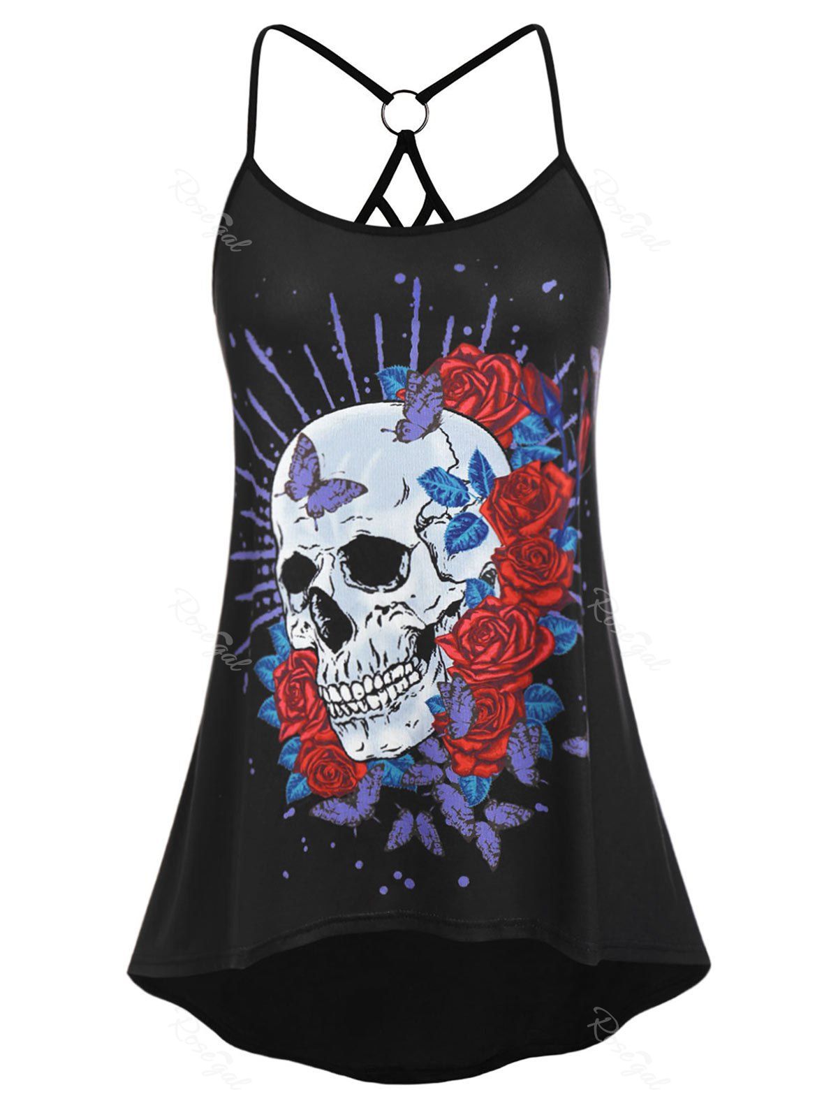 

Plus Size Strappy Skull Floral Print Cami Top, Black