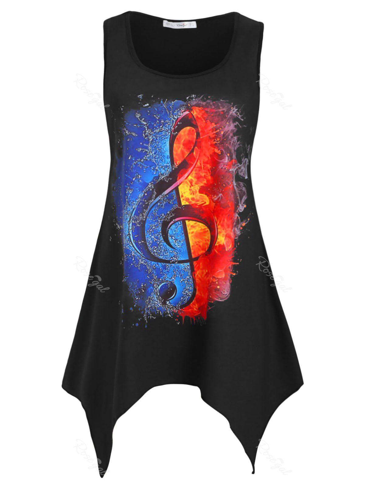 

Ice And Fire Musical Note Graphic Plus Size Tank Top, Black