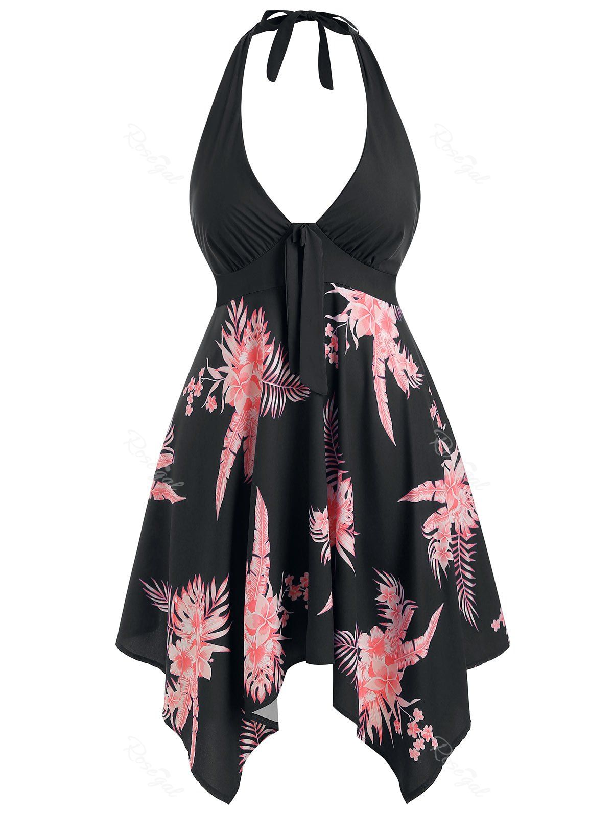 

Plus Size Handkerchief Halter Floral Dress, Black