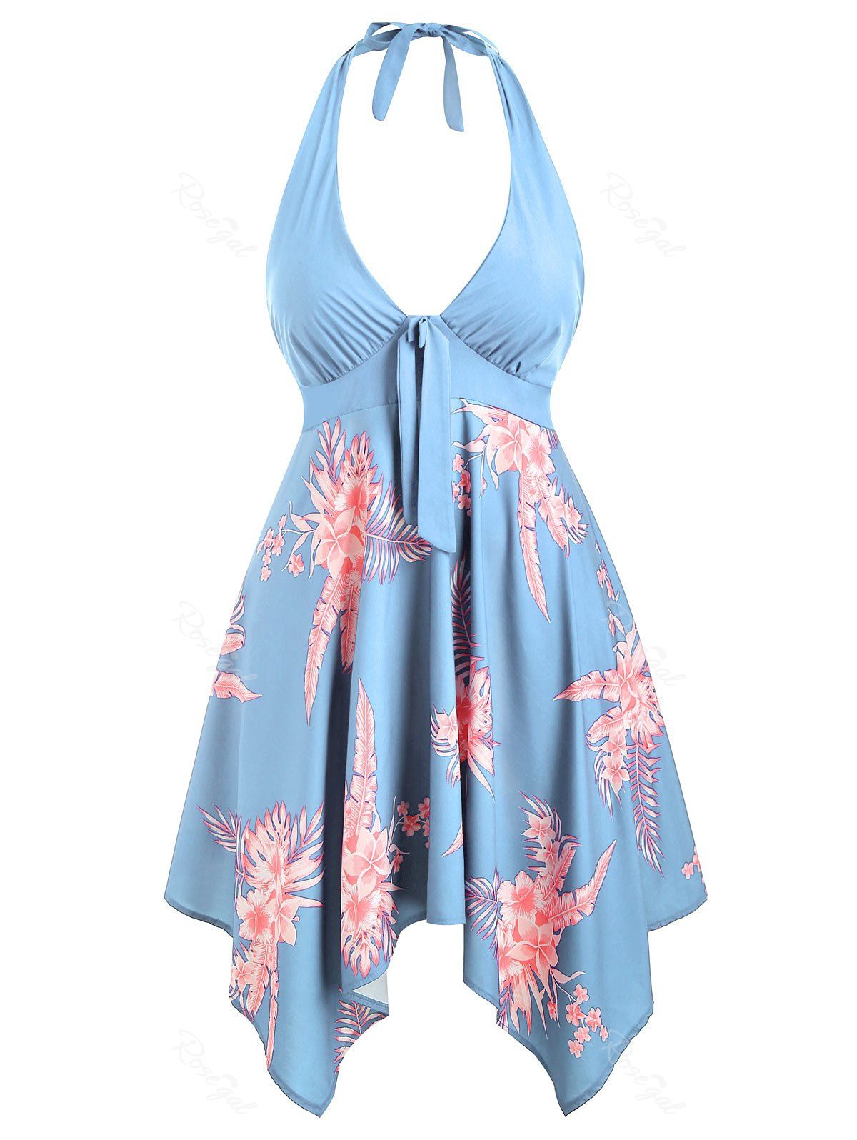 

Plus Size Handkerchief Halter Floral Dress, Sky blue