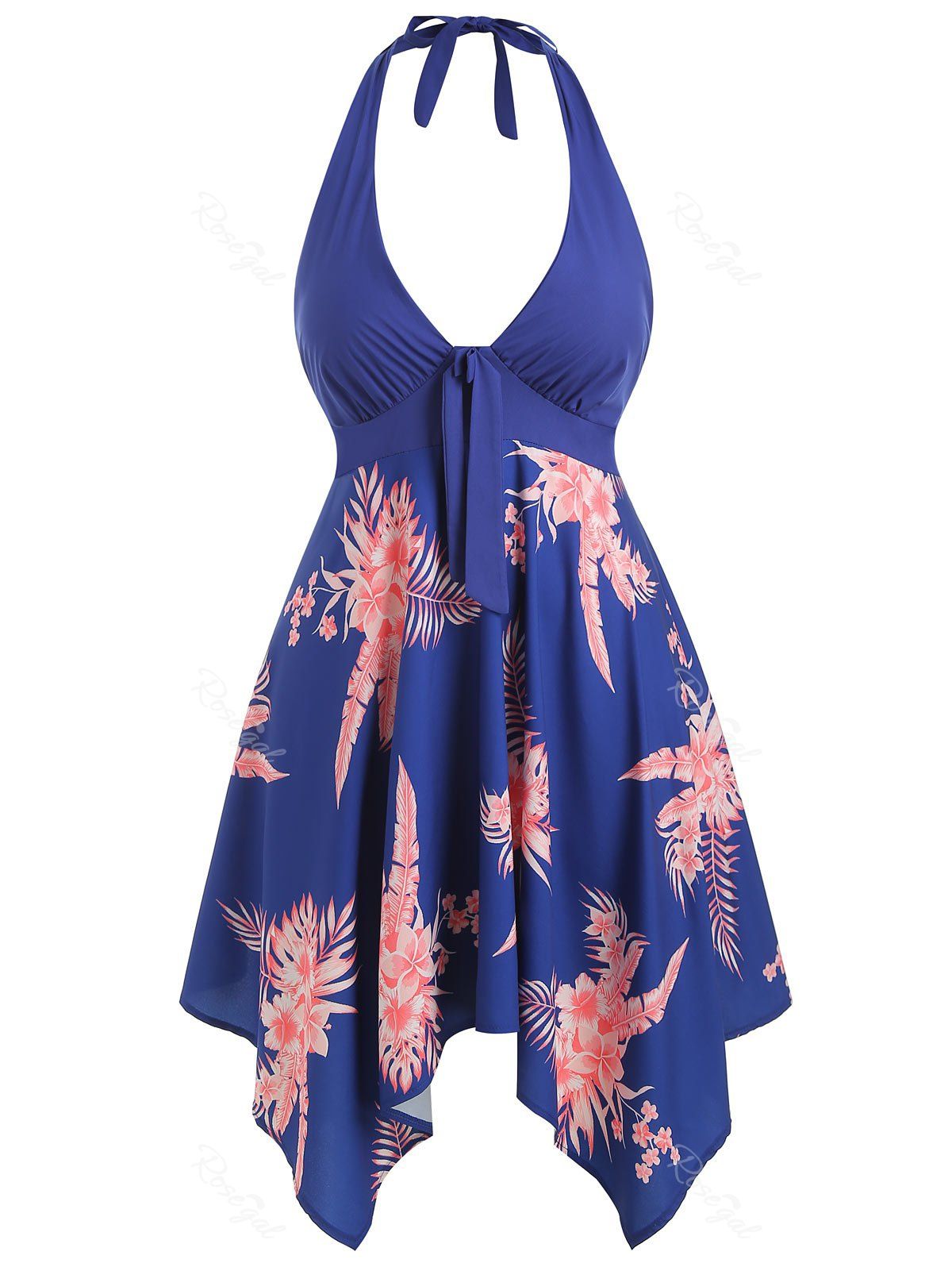 

Plus Size Handkerchief Halter Floral Dress, Lapis blue