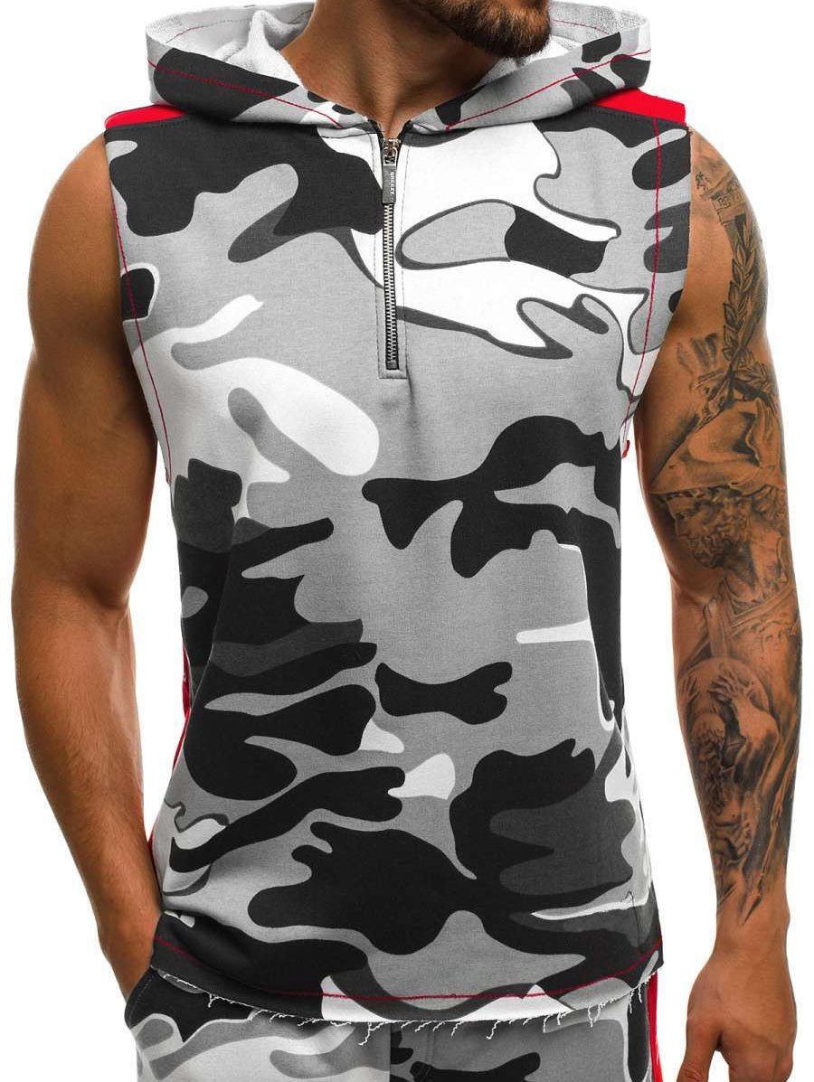 

Zipper Decoration Camouflage Print Tank Top, Light gray