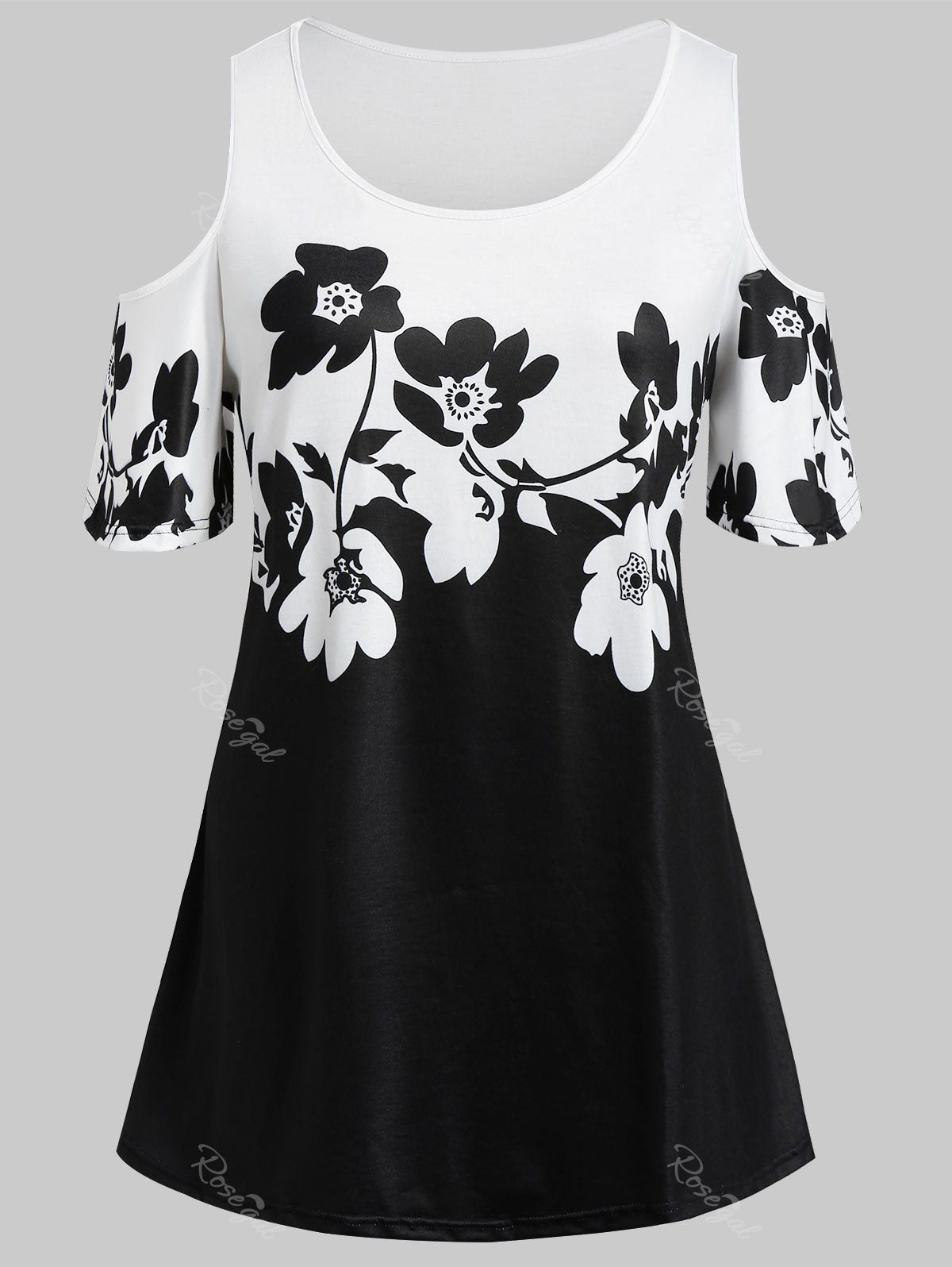 

Plus Size Cold Shoulder Color Block Floral T-shirt, White