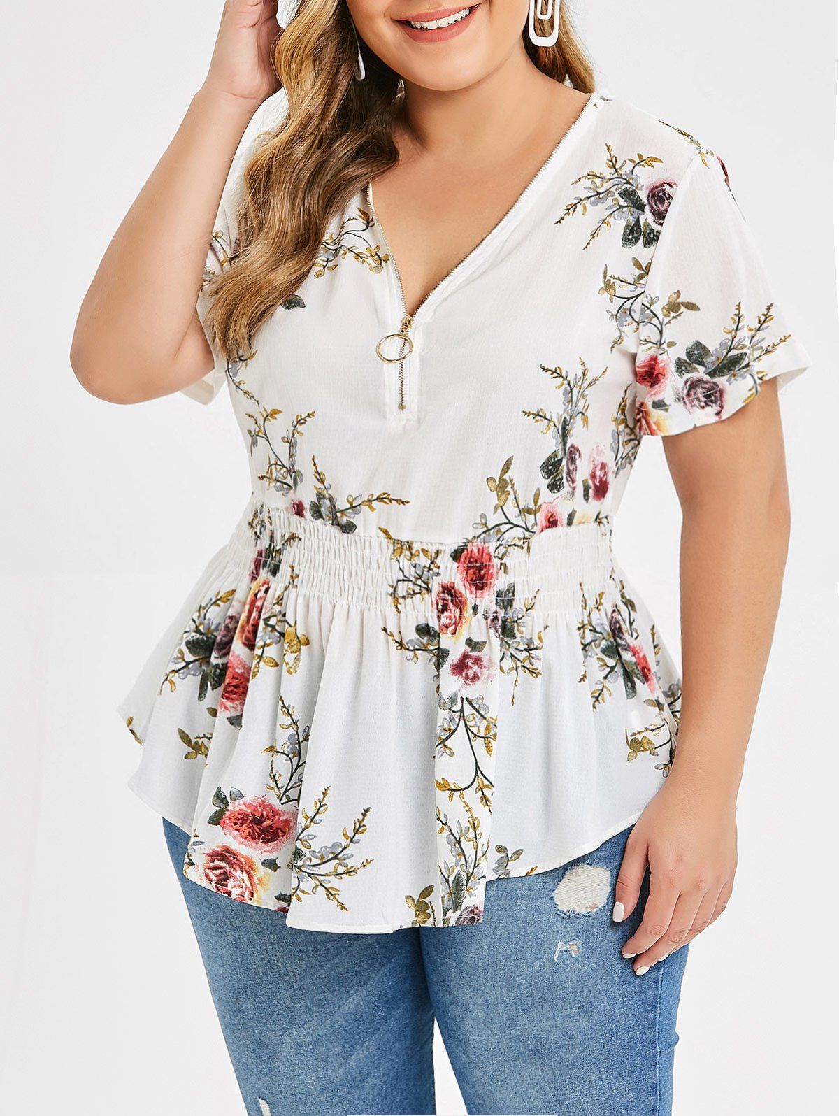 

Plus Size Zipper Shirred Floral Blouse, White