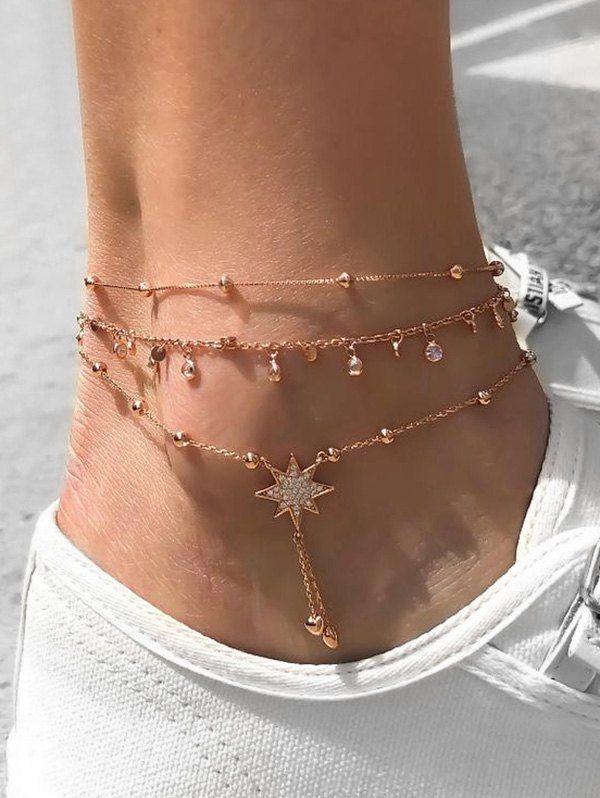 

3Pcs Beads Rhinestone Star Anklet Set, Gold