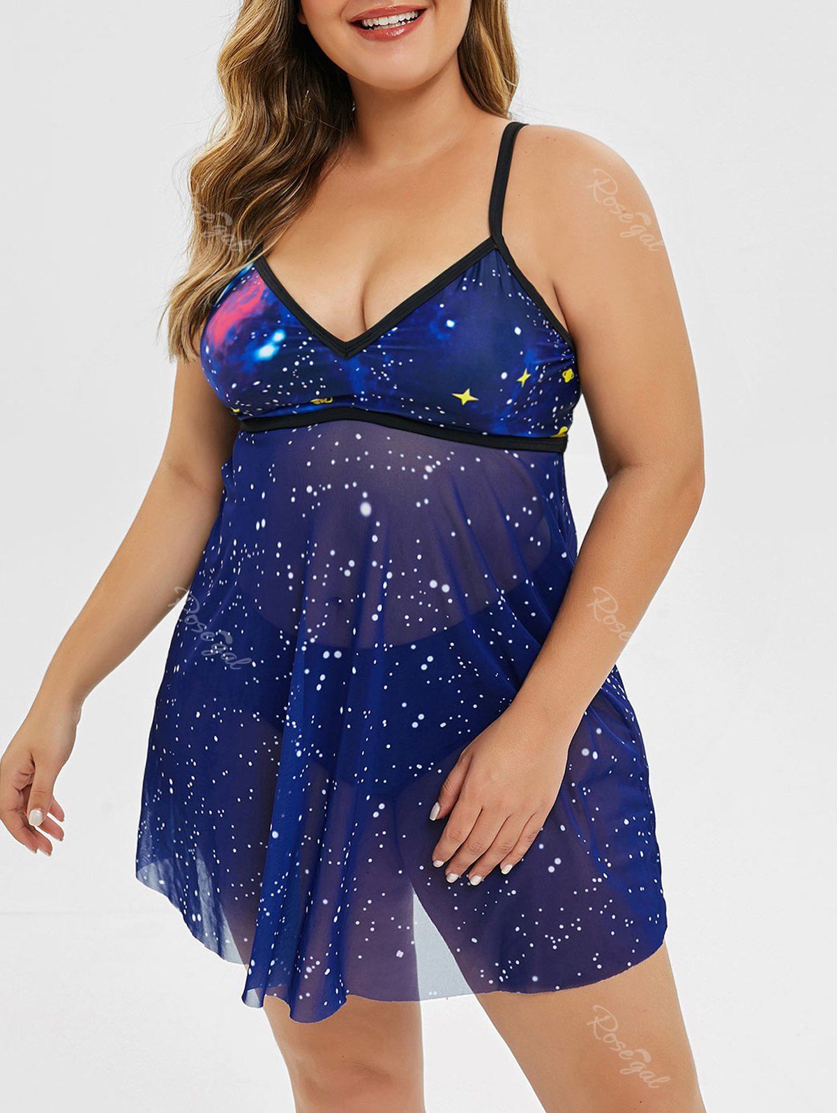 

Voile Panel Starry Sky Print Plus Size Tankini Set, Blue