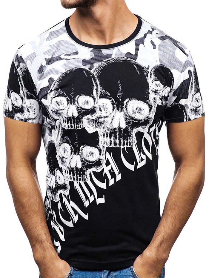 

Camo and Skull Print Casual T Shirt, Black