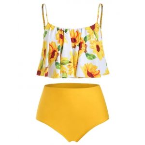 

Plus Size Sunflower Print Ruffle Tankini Set, Multi a