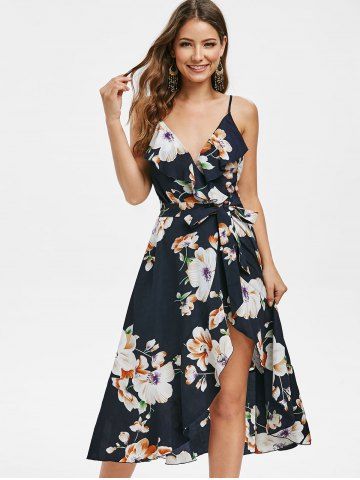 

Floral Print Ruffled High Low Dress, Cadetblue