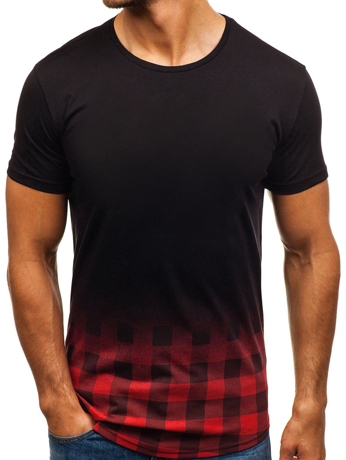 

Ombre Plaid Print Round Neck T-shirt, Black