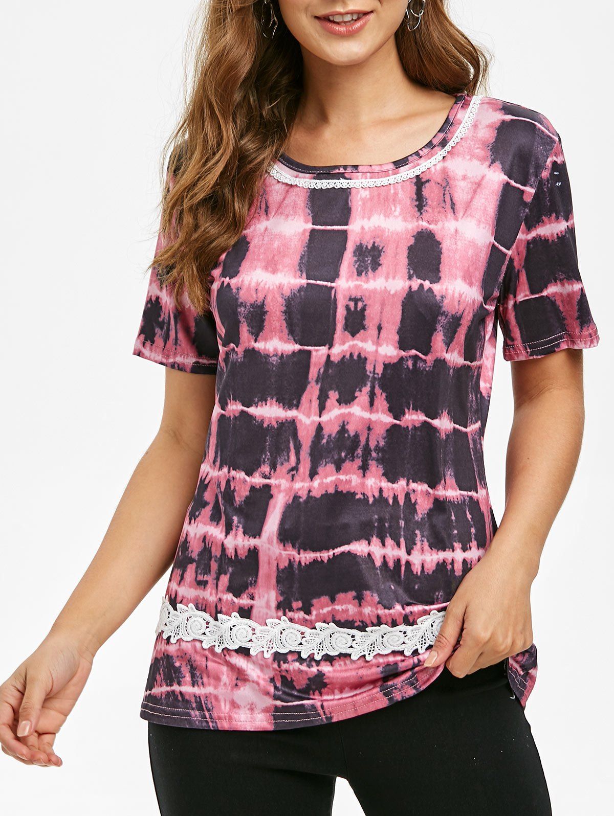 

Round Neck Lace Panel Tie Dye Tee, Burnt pink