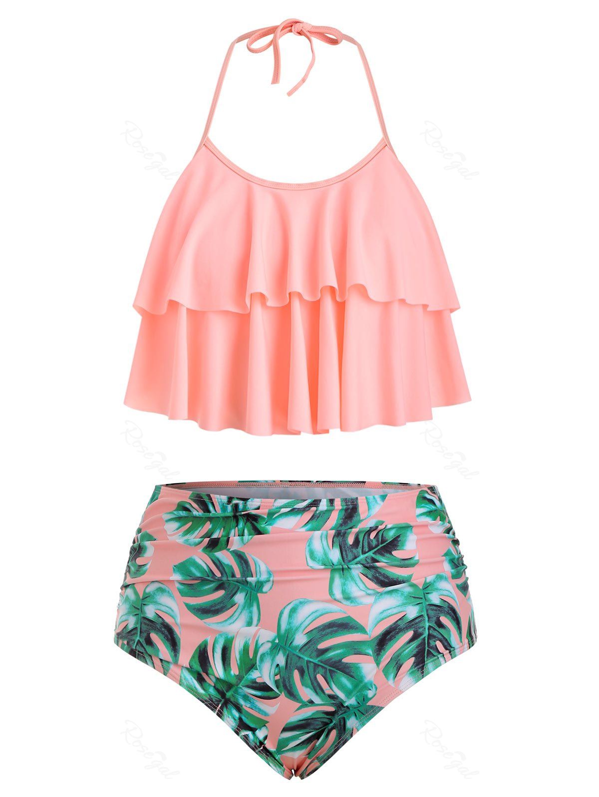 

Plus Size Halter Palm Print Ruffle Tankini Set, Pink
