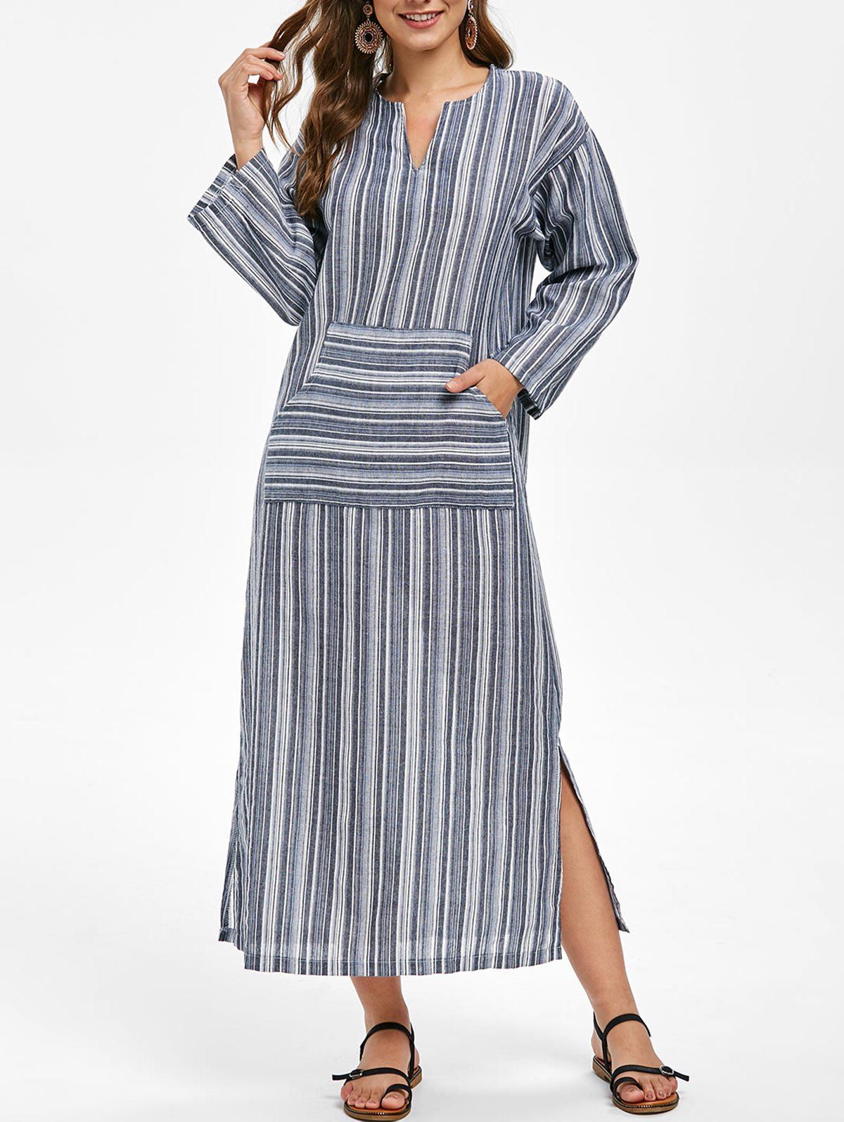

Striped Long Sleeve Front Pocket Midi Dress, Gray