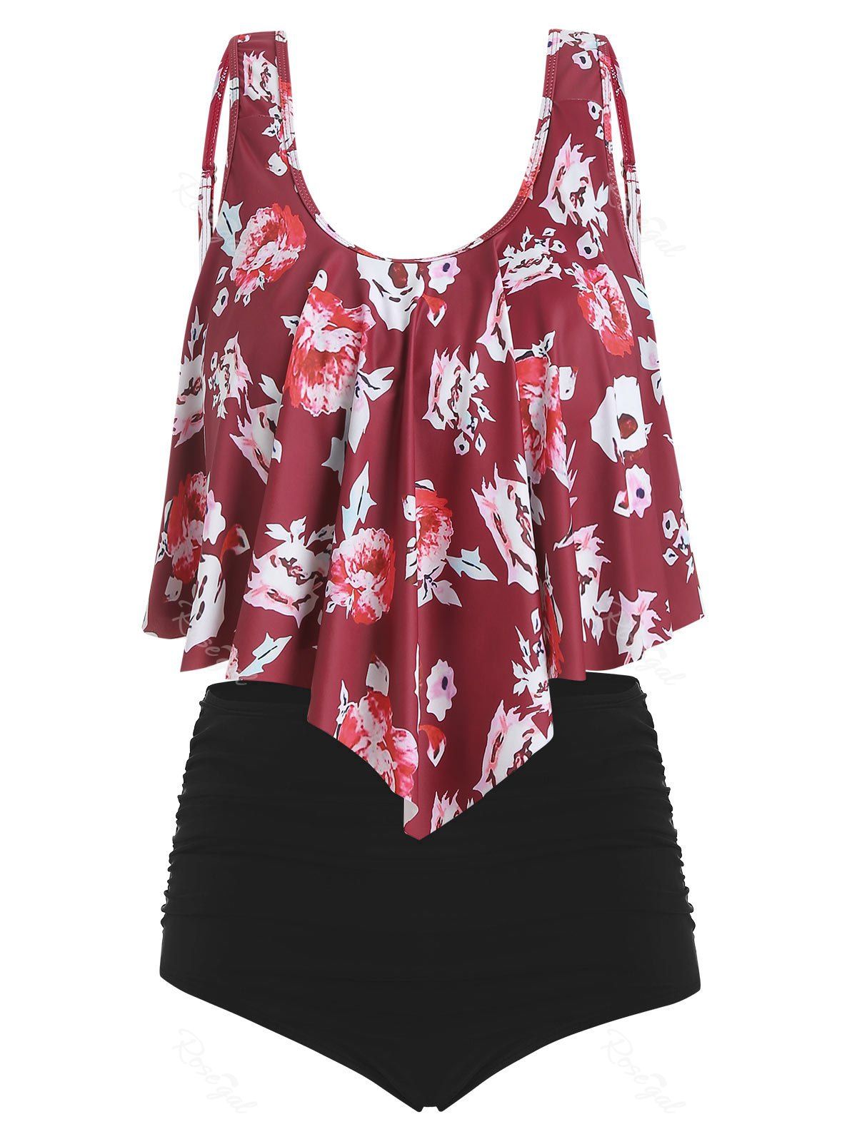 

Plus Size Padded Leaf Floral Tankini Set, Multi-c