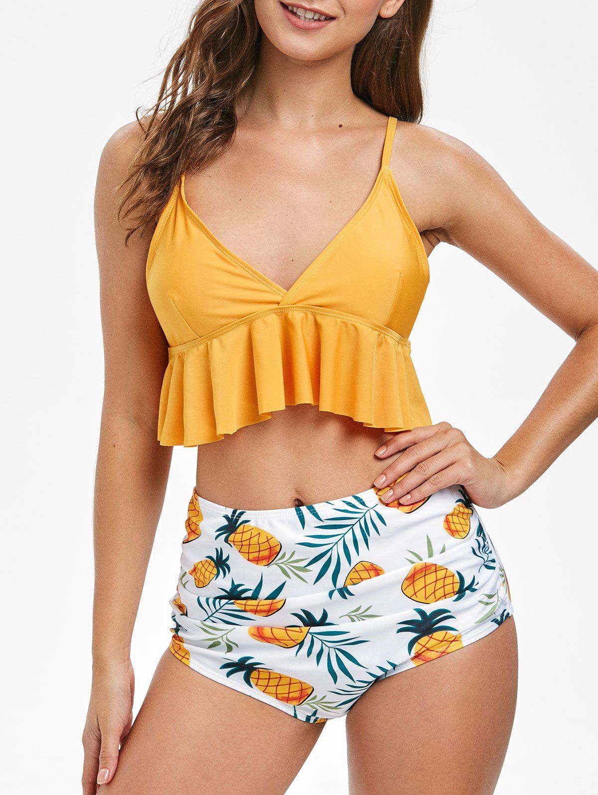 

Pineapple Print Ruffles Padded Tankini Set, Bright yellow