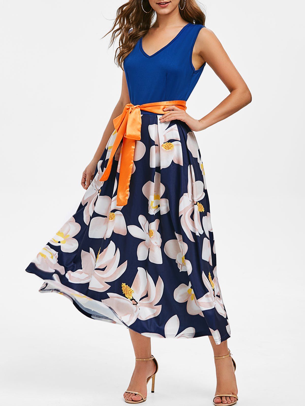 

V Neck Floral Print Sleeveless Belted Dress, Cadetblue