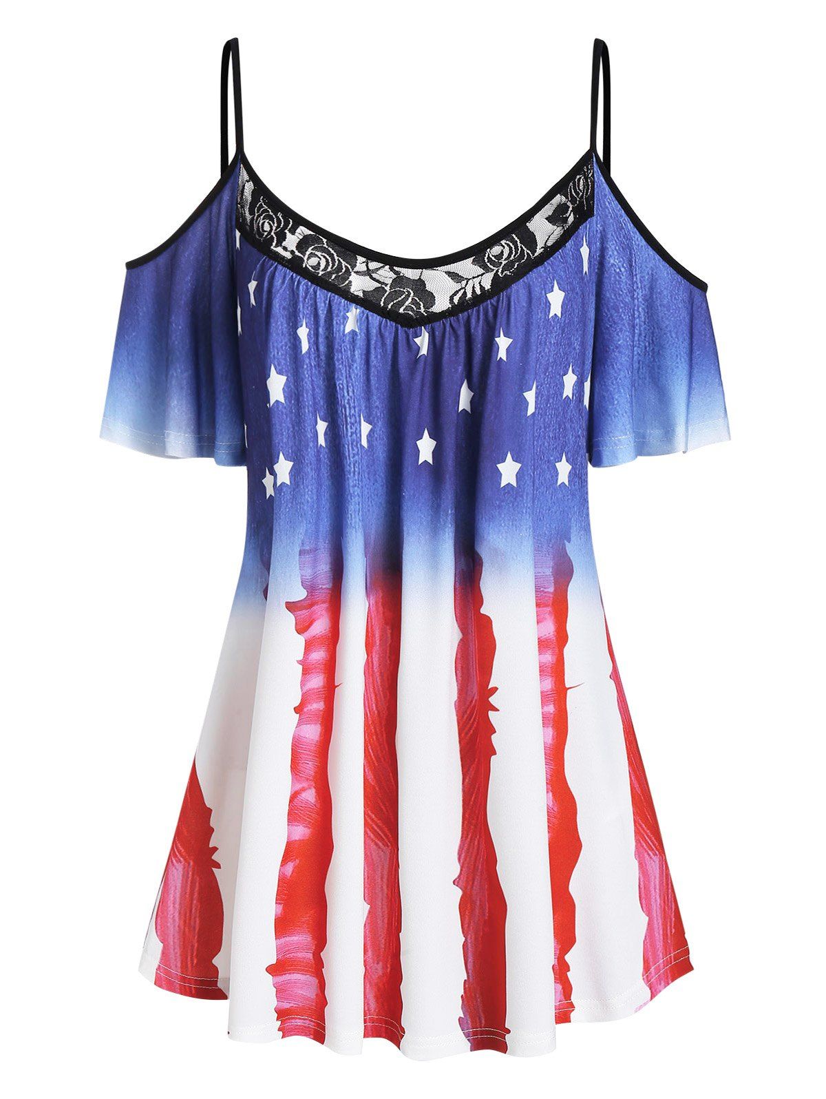 

American Flag Lace Panel Open Shoulder Tee, Blue