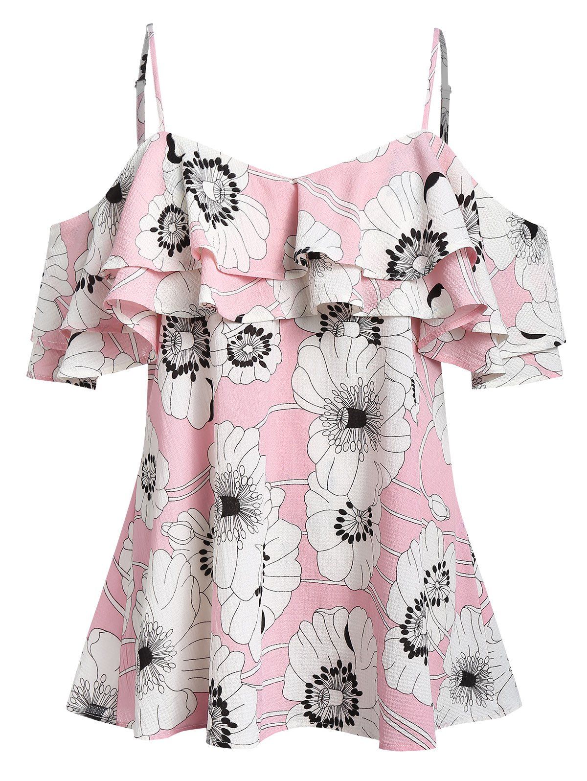 

Plus Size Flounce Cold Shoulder Floral Print Cami Blouse, Light pink