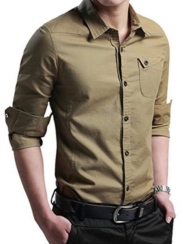 

Pocket Decoration Button Up Long Sleeves Shirt, Tan