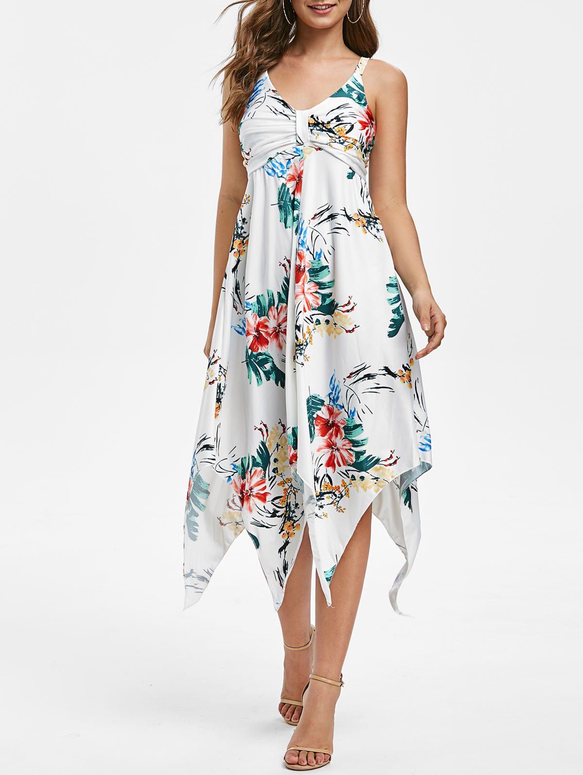 

Floral Print Empire Waist Asymmetric Dress, White