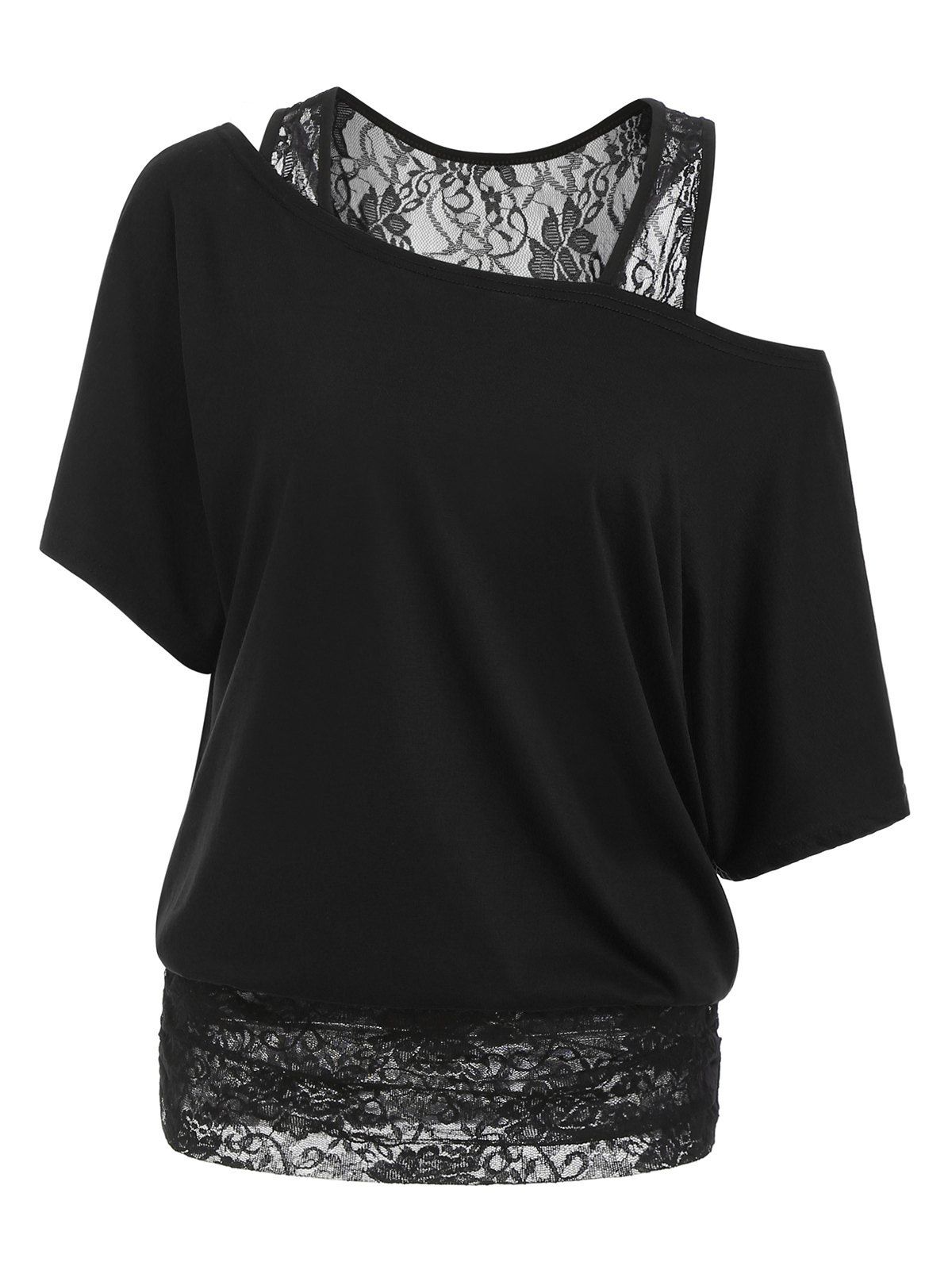 

Scoop Neck Lace Panel Casual Tee, Black