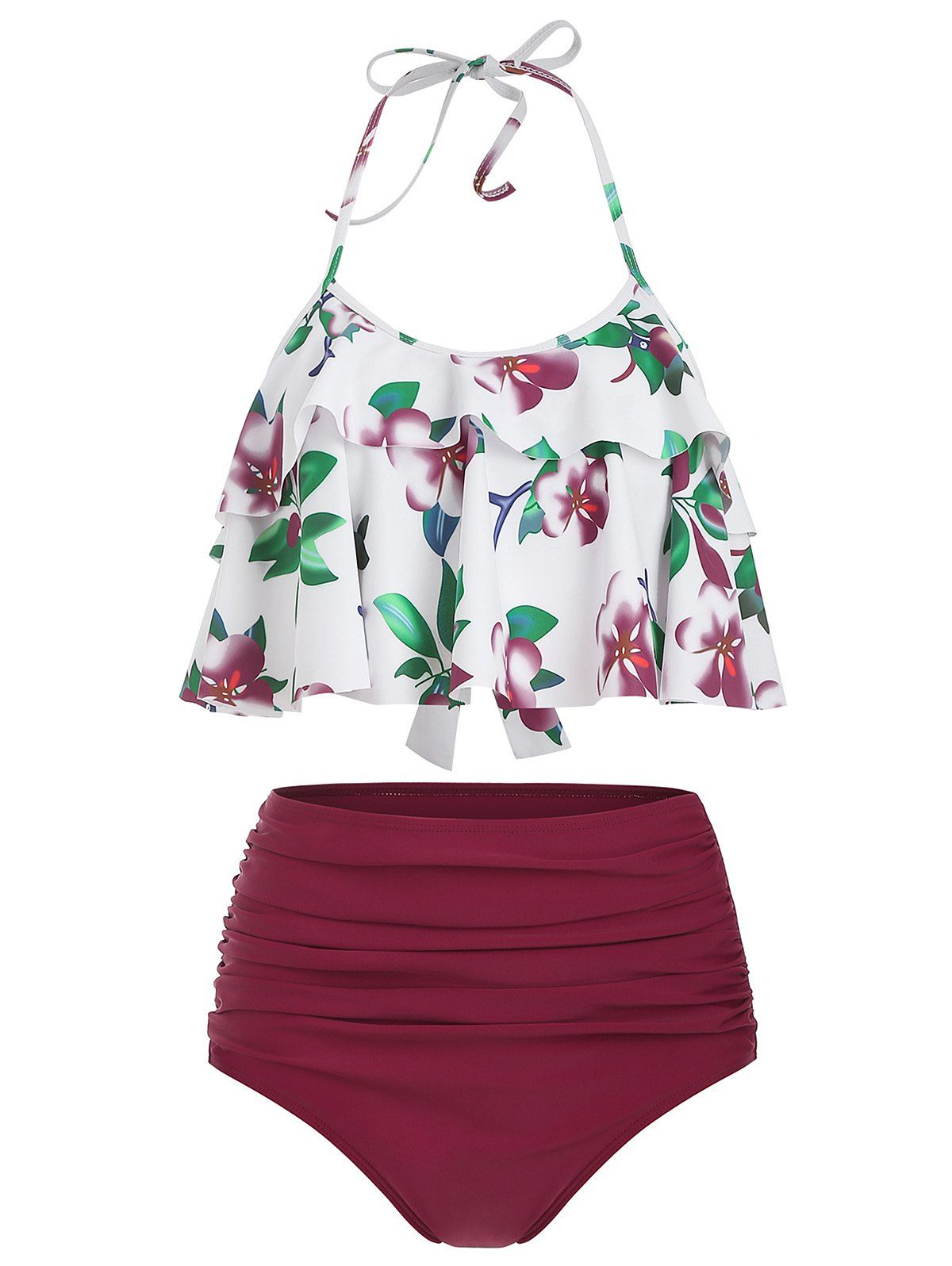 

Flower Print Halter Flounce Bikini Swimwear, Red wine