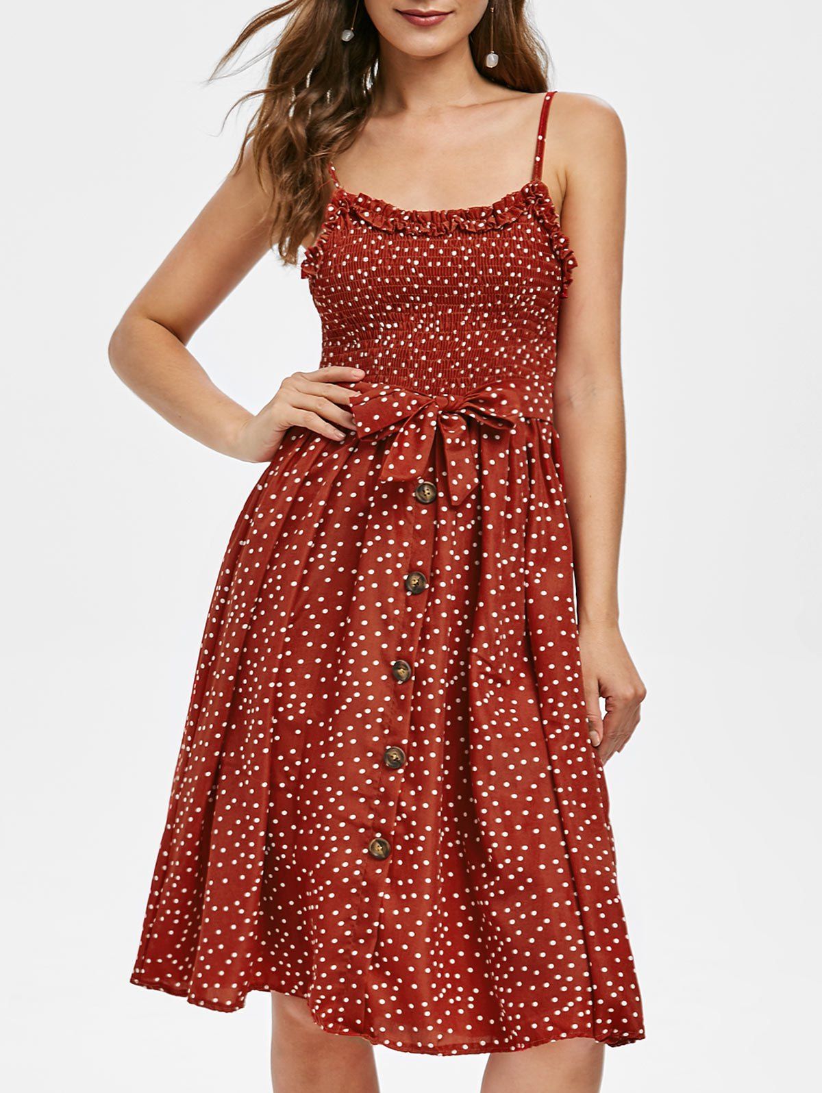 

Smocked Polka Dot Midi Dress, Cherry red