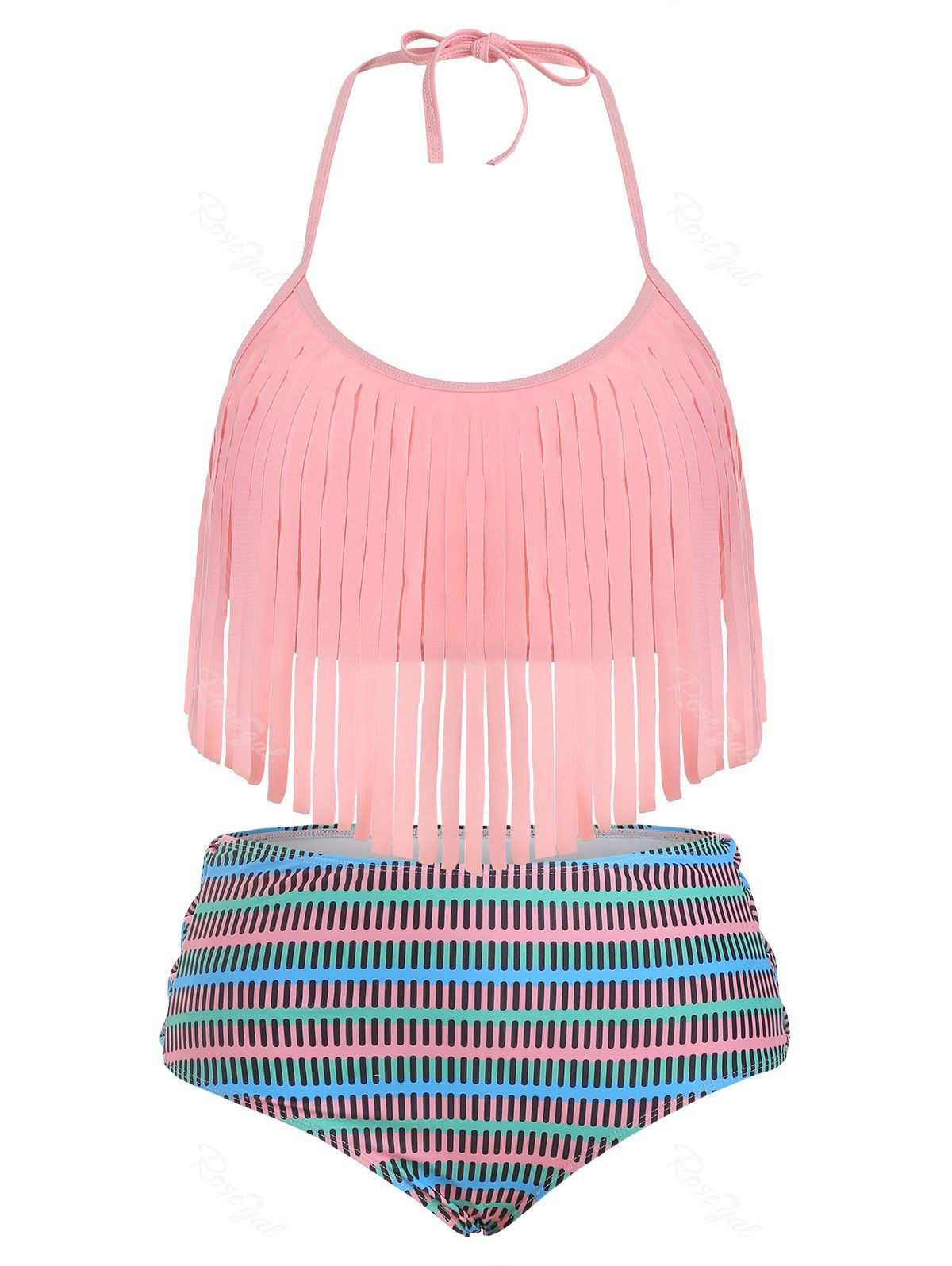 

Plus Size Halter Bowknot Fringed Bikini Set, Flamingo pink