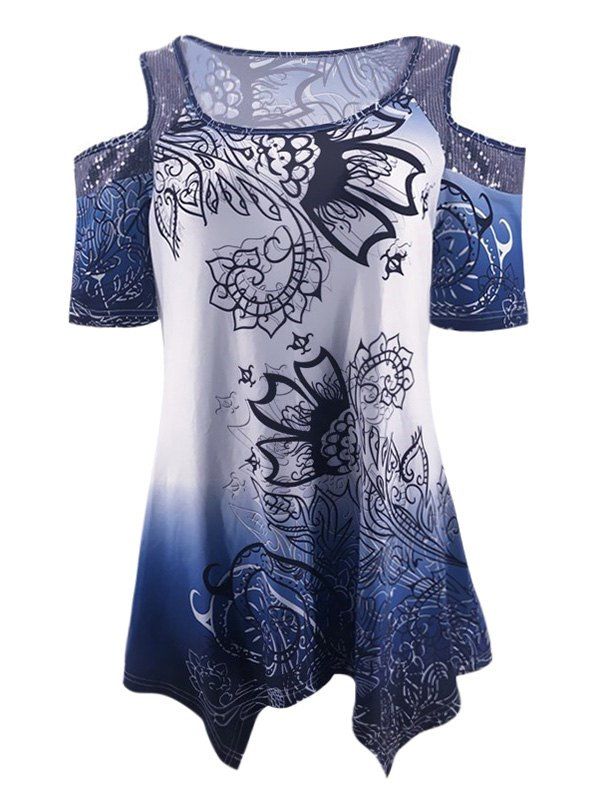 

Sequined Open Shoulder T-shirt, Blue