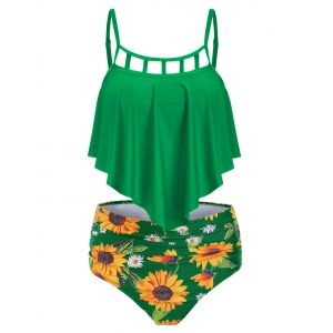 

Ruched Sunflower Overlay Tankini Set, Green
