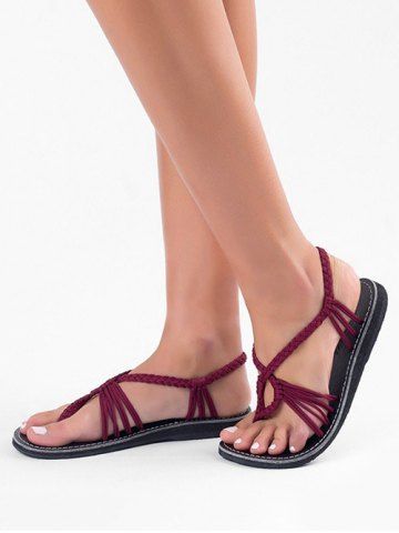 

Braided Strap Thong Flat Sandals, Red wine