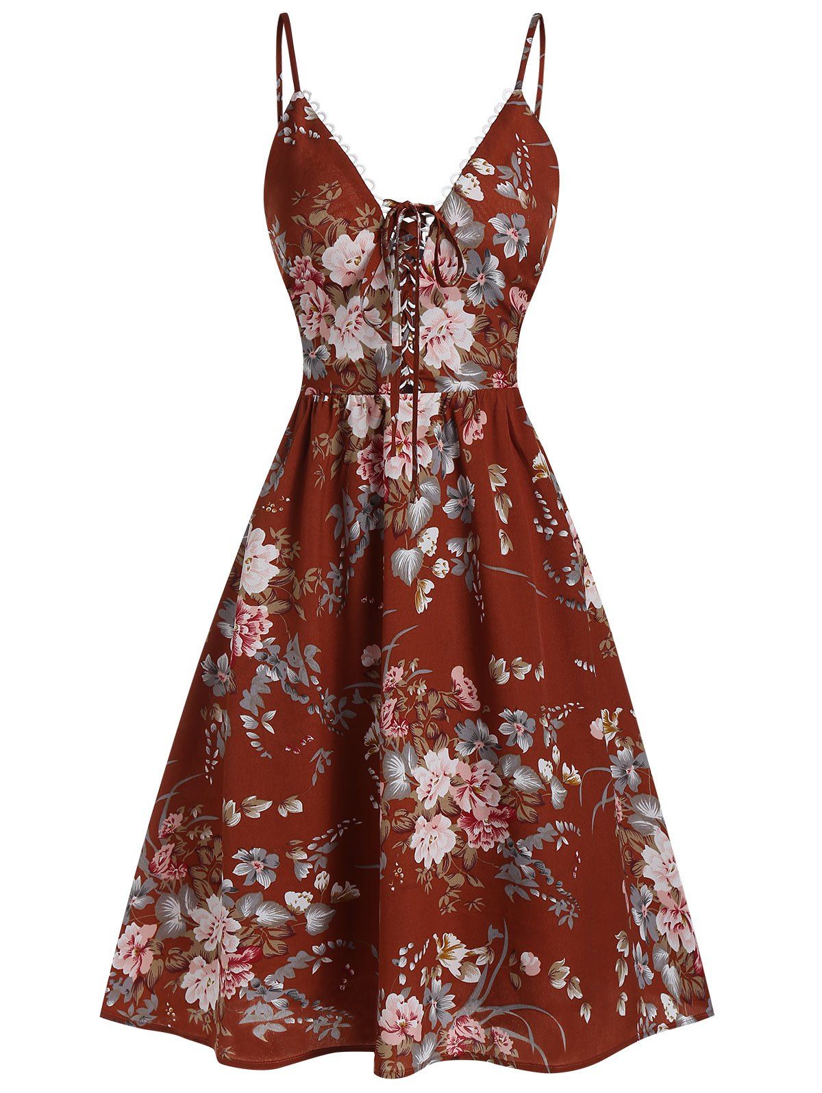 

Cami Floral Print Lace Up Dress, Firebrick