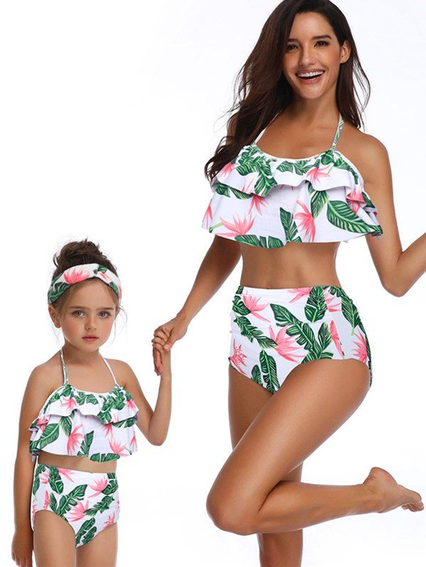 

Floral Print Tiered Overlay Family Swimsuit, Green