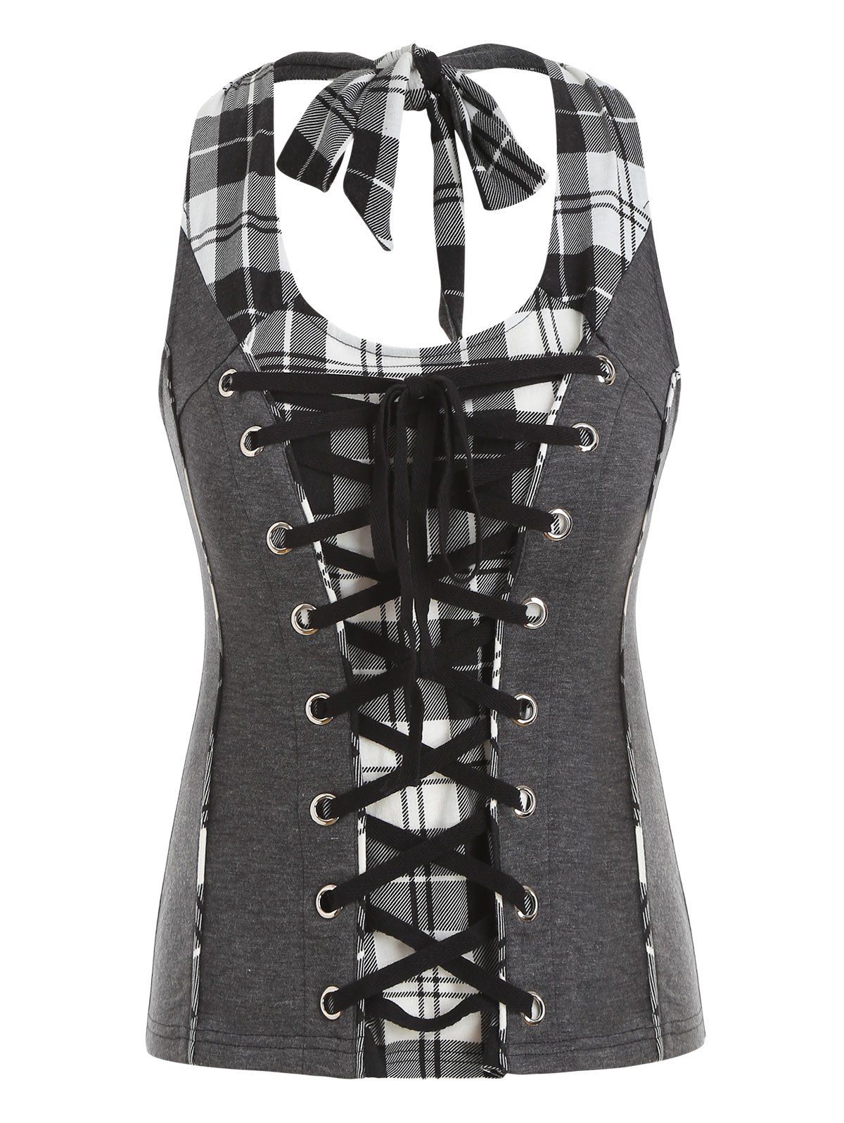 

Halter Plaid Print Lace-up Zip Back Tank Top, Dark gray