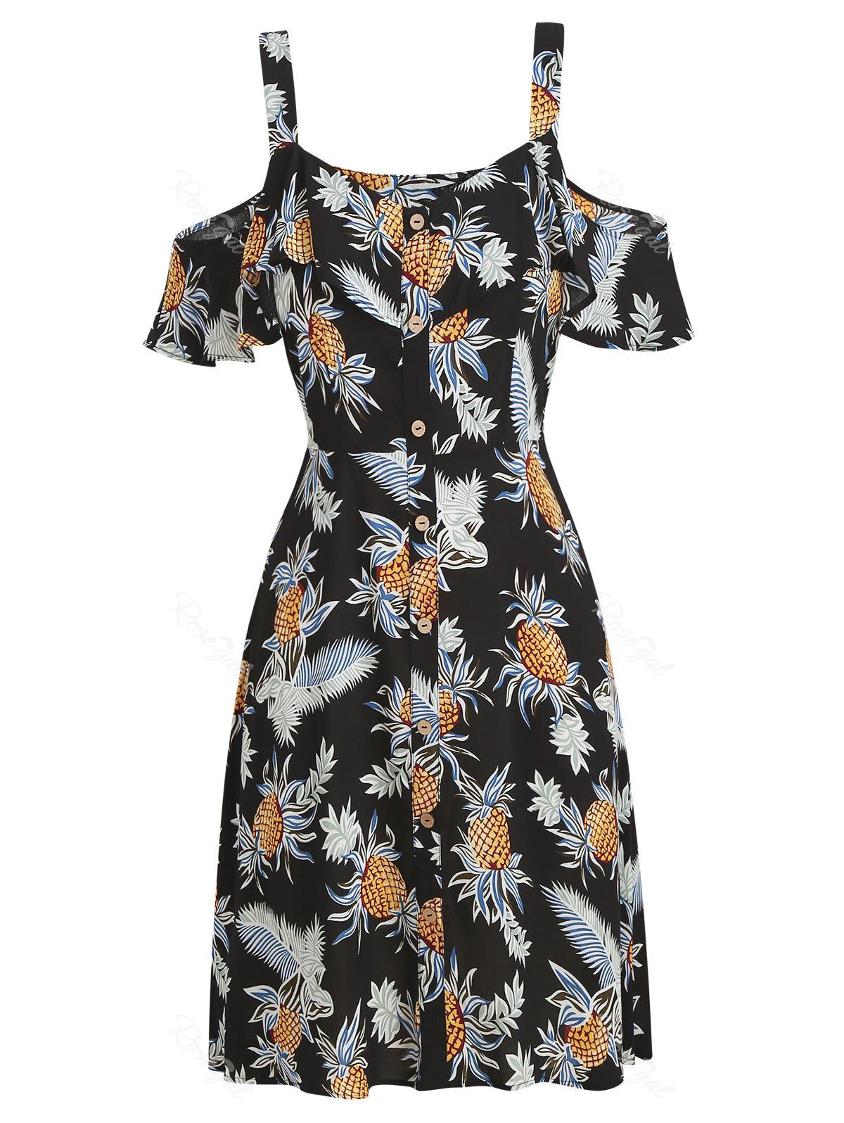

Plus Size Floral Print Open Shoulder Button Dress, Black