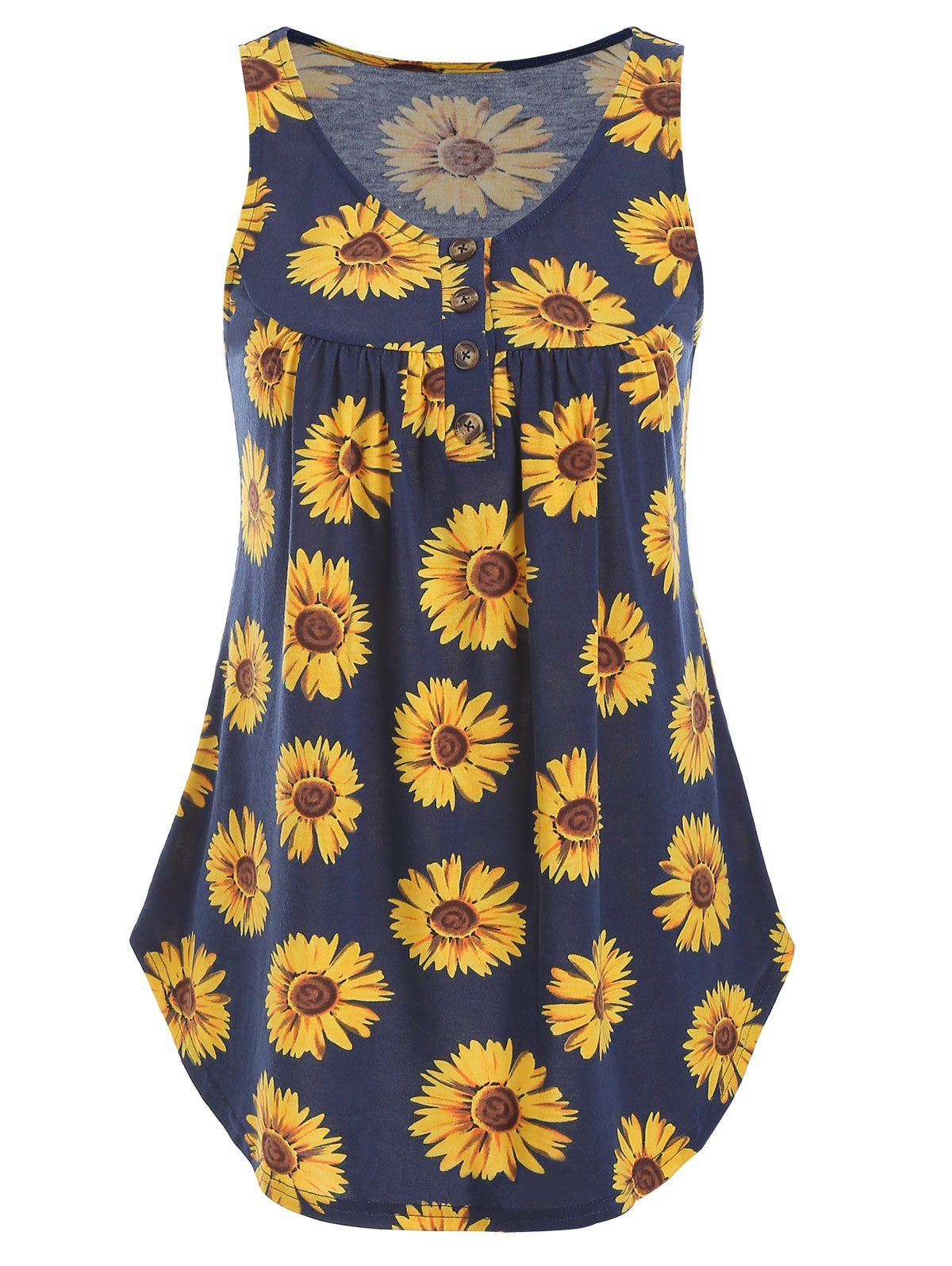 

Sleeveless Sunflower Print Henley Tank Top, Midnight blue